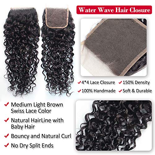 Alibeauty Brazilian Water Wave Bundles with Closure 10A Unprocessed Virgin Human Hair Weave 3 Bundles with Closure Natural Black