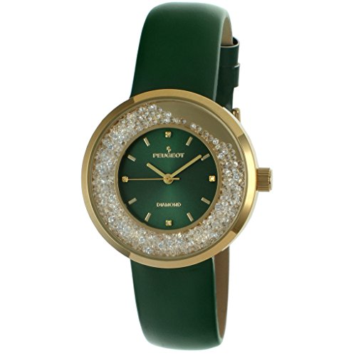 PP PEUGEOT Peugeot Women Round Dress Watch - Slim Thin Case with Floating Genuine Diamond CZ and Leather Strap