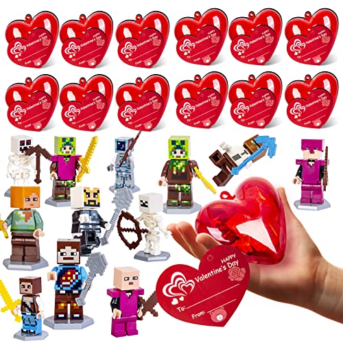 Bupelo 24 Pack Valentines Day Party Favors for Kids,Red Heart Shape Prefilled Building Blocks With Valentine Cards,Valentines Present f