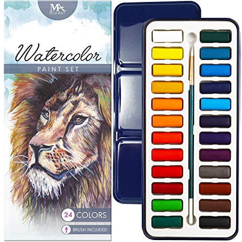 MozArt Supplies 646437675291 Mozart Watercolor Paint Set Essential – 24  Vibrant Water Colors with Paint Brush – Perfect Travel Watercolor Set for  Adults, Kid