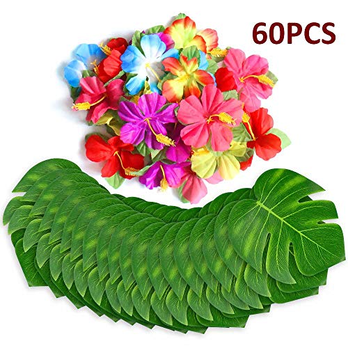 UMIKU 60Pcs Tropical Party Decorations Supplies Tropical Palm Leaves Hibiscus Flowers Simulation Artificial Leaf for Hawaiian Luau Saf