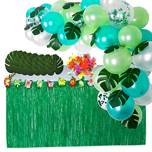 CWLAKON Hawaiian Grass Table Skirt, Luau Moana Party Supplies, Hula Tiki Party Decorations, Tropical Balloon and Leaf for Tropical Theme