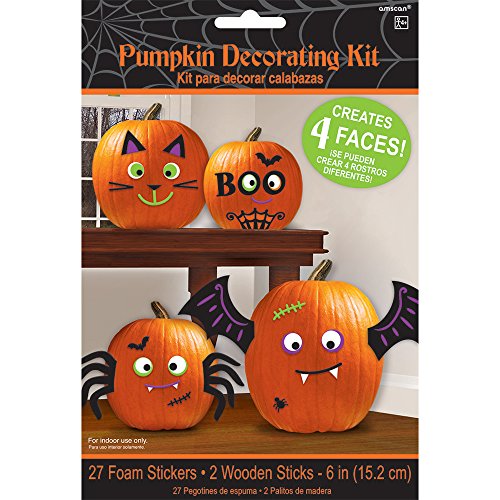 Amscan Pumpkin Decorating Kit - Makes 4 Jack-o-lantern Faces (Includes 24 Foam Stickers & 2 Wooden Sticks)
