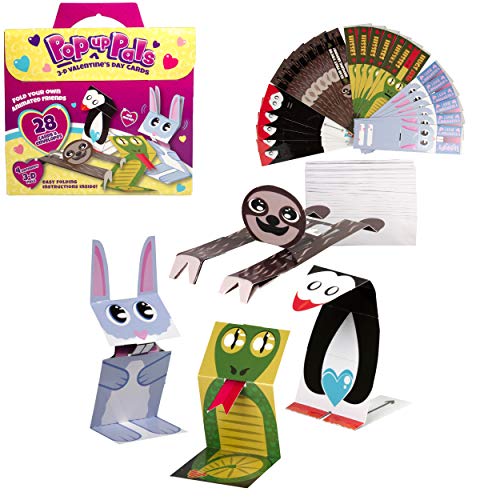 SCS Direct Valentines Day Pop-Up Pals 3D Animated Cards (28 Pack+Envelopes) - Includes 4 Unique Foldable Animal Valentines w Fun Movable Pu