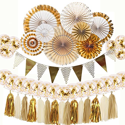 YINVA Gold and White Party Decorations 8 Pcs Paper Fan Flowers 20 Pcs Confetti Balloons Pennant Banner 15 pcs Tissue Paper Tassels Bir