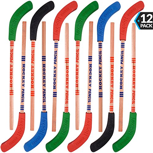 Bedwina Hockey Pencils and Erasers - (Pack of 12) Bulk 9 Inch Hockey Stick Sports Theme Party Supplies, Fun Cool Pencils for Hockey Fans