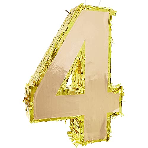 Juvale Small Gold Foil Number 4 Pinata, Fourth Birthday Party Supplies (15.5 x 11 x 3 In)