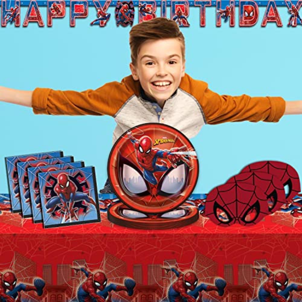 HeroFiber Spider-Man Party Supplies, Serves 16 - Plates, Napkins, Tablecloth, Birthday Banner, Masks - Full Tableware, Decorations, Favors