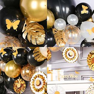 PartyWoo Gold and Black Balloon Garland Kit, 78 pcs of 8 Paper Fans, 5 Gold  Leaves