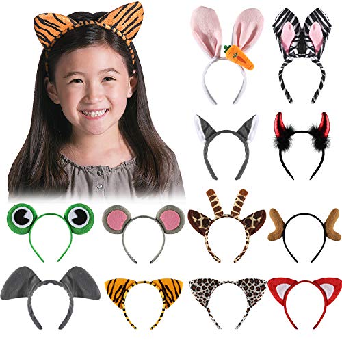 Byonebye 12 Pack Plush Animal Headbands for Party Favor, Jungle Animal Ear Horn Hair Hoop, Idea on Kid and Adult Birthday, Halloween deco