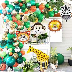 OuMuaMua Jungle Safari Theme Party Balloon Garland Kit, 151 Pack With Animal Balloons and Palm Leaves for Kids Boys Birthday Party Baby S