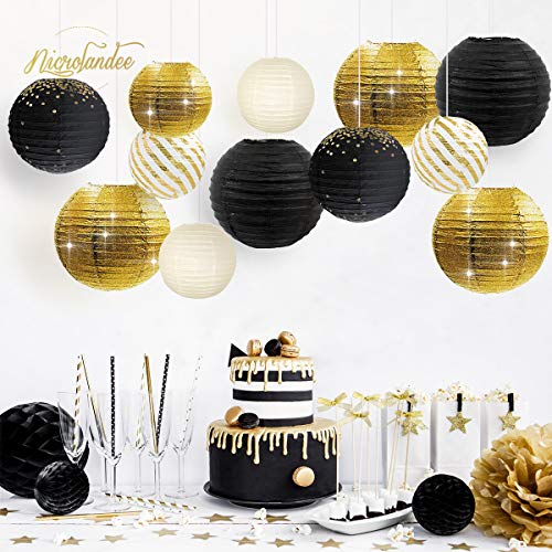 NICROLANDEE Black Gold Party Supplies - 12Pcs Black and Gold Metallic Foil Paper Lanterns Decorative for Wedding, Birthday, Baby