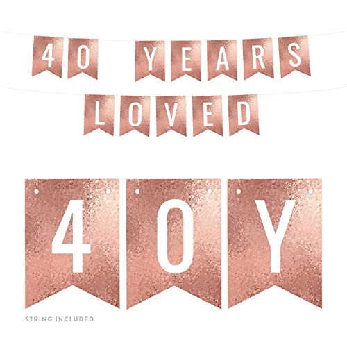 Andaz Press Rose Gold Glitter Mosaic Birthday Party Banner Decorations, 40 Years Loved, Approx 5-Feet, 1-Set, 40th Birthday Mile