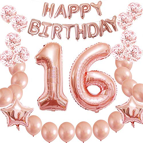 HuBalon Rose Gold Sweet 16th Birthday Party Supplies Balloons for Girls|Boys-Happy Birthday Balloons Banner-Prefilled Rose Gold Confetti