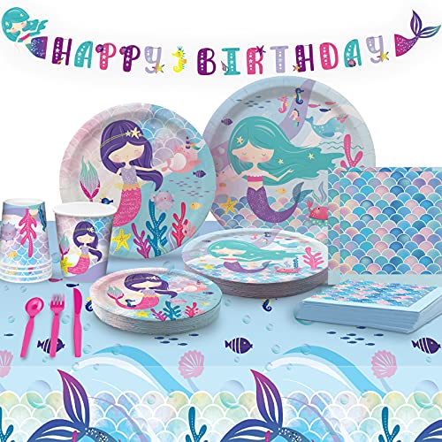 My Greca Mermaid Party Supplies Kit - (Serves 16) - Birthday Decorations for Girls - Plates, Cups, Napkins, Happy Birthday Banne