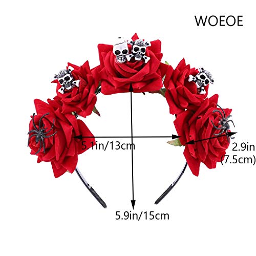 Woeoe Halloween Skull Headband Day of the Dead Costume Flower Crown Red Rose Floral Spider Headpiece Accessory for Women and Gir