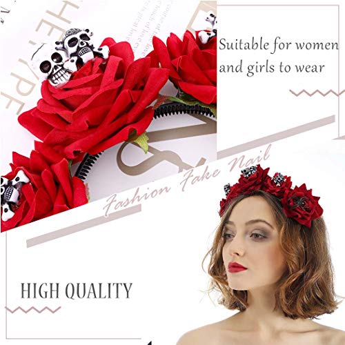 Woeoe Halloween Skull Headband Day of the Dead Costume Flower Crown Red Rose Floral Spider Headpiece Accessory for Women and Gir