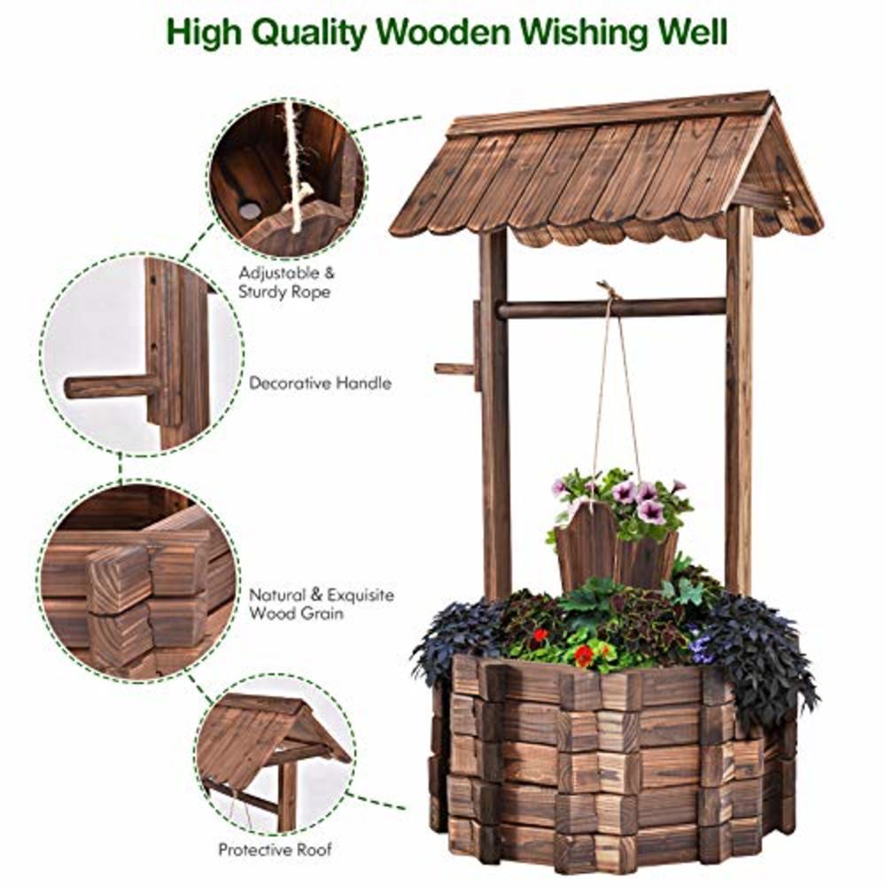 Giantex Outdoor Wooden Wishing Well with Hanging Bucket, Rustic Flower Plants Planter Patio Garden Yard Lawn Home Decor