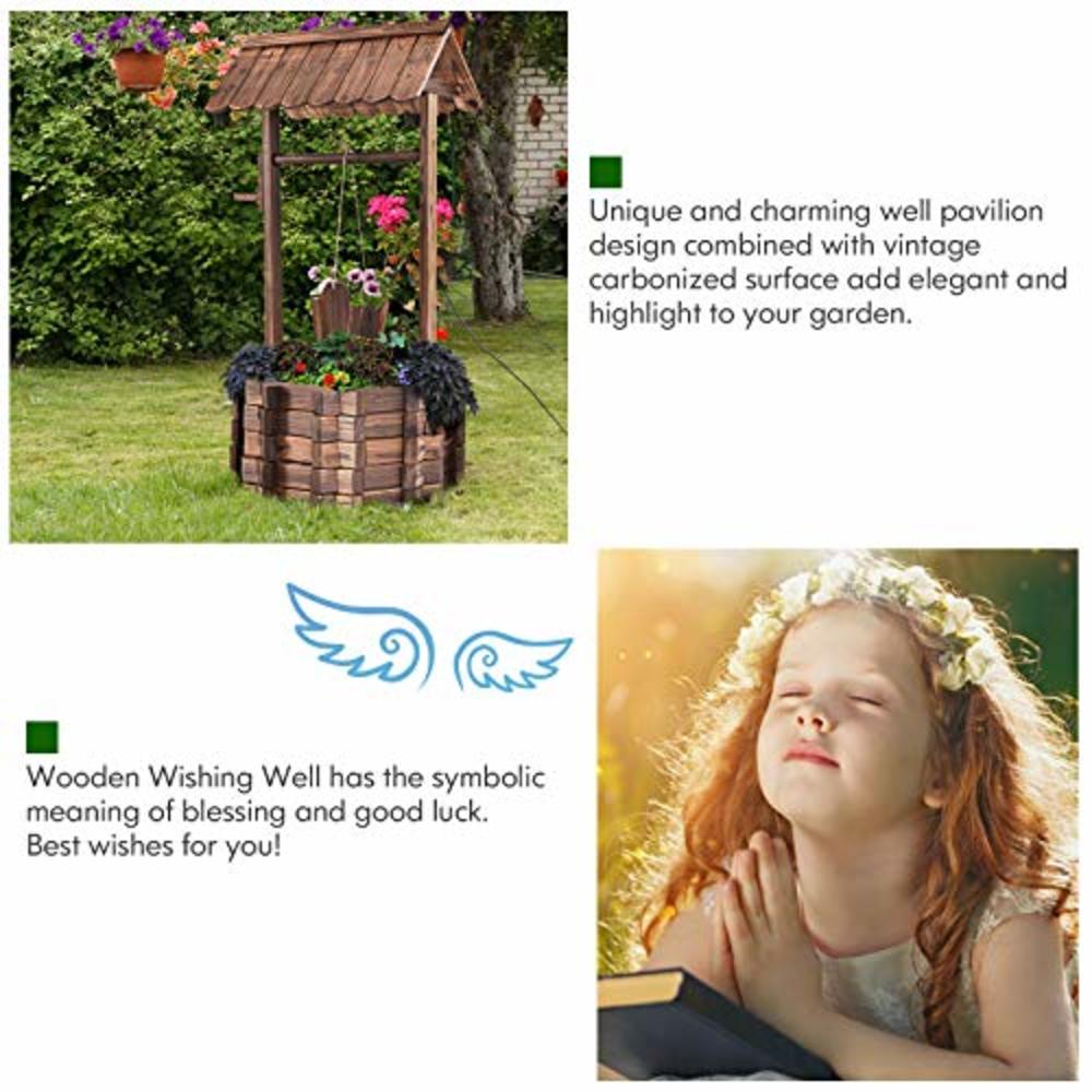 Giantex Outdoor Wooden Wishing Well with Hanging Bucket, Rustic Flower Plants Planter Patio Garden Yard Lawn Home Decor