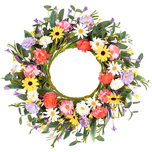 VioletEverGarden Artificial Flower Wreath,20? Purple Yellow White Pink Floral Wreath Spring and Summer Wreath Front Door Wreath for Home Party Fe