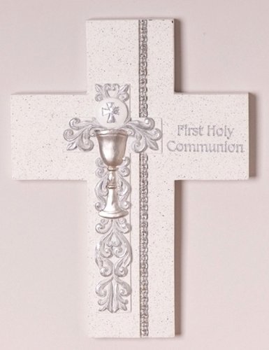 Roman 7.5" First Holy Communion Wall Cross with Silver Scroll Chalice Design
