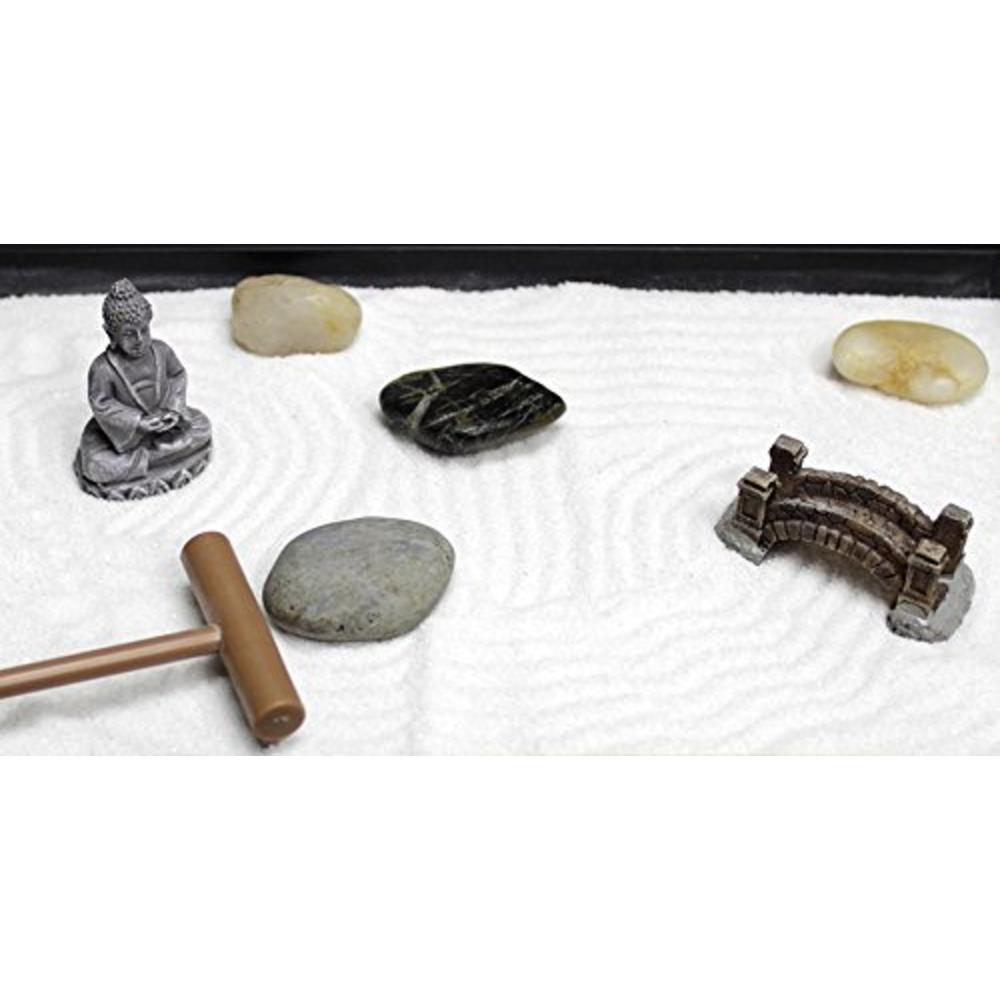 Natures Mark Mini Zen Garden Kit for Desk with Rake, White Sand, Buddha Figures, Bridge Figure and River Rocks, Black Rectangle 