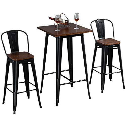 HOMCOM 3 Piece Industrial Dining Table Set, Counter Height Bar Table & Chairs Set with Footrests for Bistro, Pub, Black, and Bro