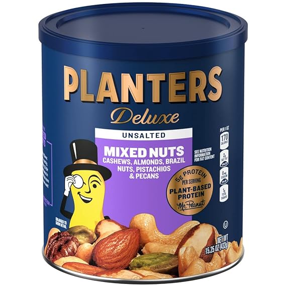 PLANTERS Deluxe Unsalted Mixed Nuts, 15.25 oz. Resealable Container - Variety Unsalted Nuts with Cashews, Almonds, Hazelnuts, Pi
