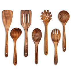 BOKALAKA Wooden Spoons for cooking,7Pcs Wooden Utensils for cooking Teak Wooden Kitchen Utensil Set Wooden cooking Utensils Wooden Spatul