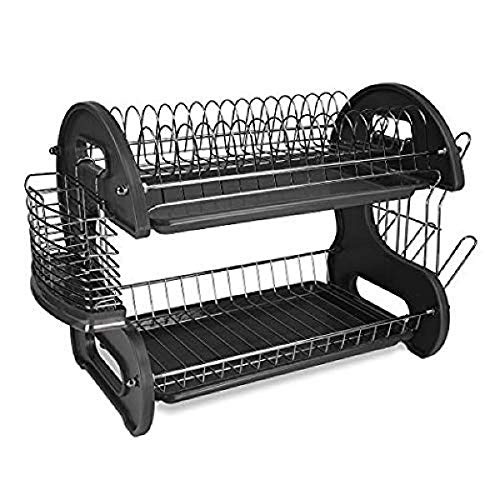 Home Basics Plastic 2-Tier Dish Drainer Rack, Air Drying and Organizing Dishes, Side Mounted Cutlery Holder, Black
