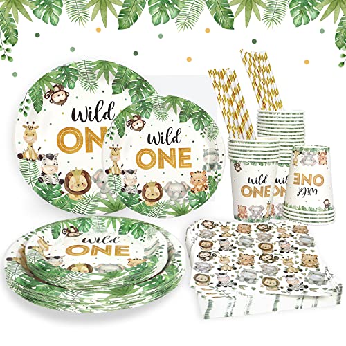 Heboland Wild One Birthday Decorations Plates Set for 25 Guests, Safari Jungle Theme Plates and Cups and Napkins Straws Sets Boys First 1