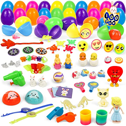 HISTOYE 100 Pc Assorted Colors Plastic Eggs Toys Kit for Kids Party Favors Easter Eggs with Toys Inside Easter Basket Stuffers for Kids 