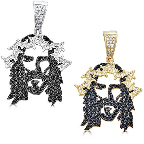 HarlemBling Solid 925 Sterling Silver Iced Out Jesus Piece Pendant - Mens - Great For Any Chain! Icy Black CZ Ghost Jesus (Natural Silver)