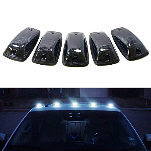 iJDMTOY Smoked Lens White LED Cab Roof Marker Running Lamps Compatible With Truck 4x4 SUV, 5-Piece Aerodynamic Low Profile Roof 