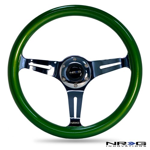 NRG Innovations ST-015CH-GN Classic Wood Grain Wheel (350mm 3 chrome spokes, green pearl/flake paint)