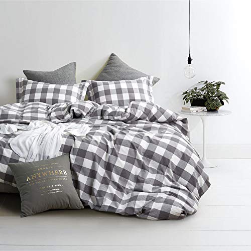 Wake In Cloud - Washed Cotton Duvet Cover Set, Buffalo Check Gingham Plaid Geometric Checker Pattern Printed in Gray Grey and Wh