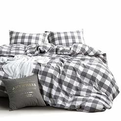 Wake In Cloud - Washed Cotton Duvet Cover Set, Buffalo Check Gingham Plaid Geometric Checker Pattern Printed in Gray Grey and Wh