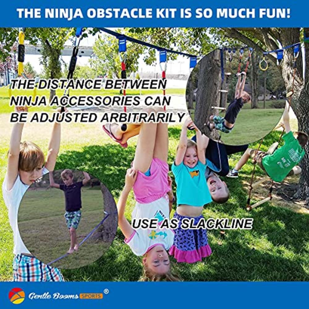 Gentle Booms Sports Ninja Warrior Line Obstacle Course for Kids Outside-2×56ft Slackline Kit, Hanging Activities Accessories - Monkey Bar, Rope Ladd