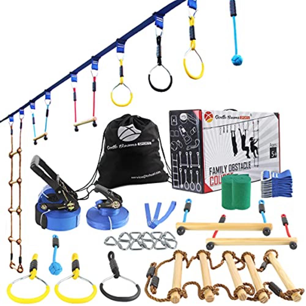 Gentle Booms Sports Ninja Warrior Line Obstacle Course for Kids Outside-2×56ft Slackline Kit, Hanging Activities Accessories - Monkey Bar, Rope Ladd