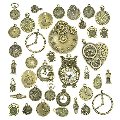 jialeey Antiqued Bronze Clock Face Charm Pendant, JIALEEY Wholesale Bulk Lots Mixed Gears Steampunk Charms Pendants DIY for Necklace Bra