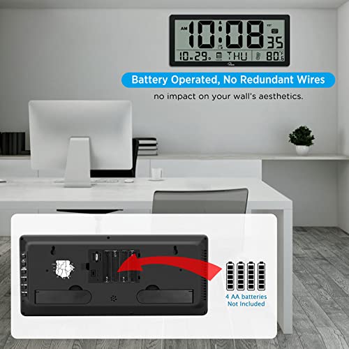 WallarGe Auto Set Large Digital Wall Clock - 14 Inches Oversize Battery Operated Desk Clock with Temperature, Date and Second La