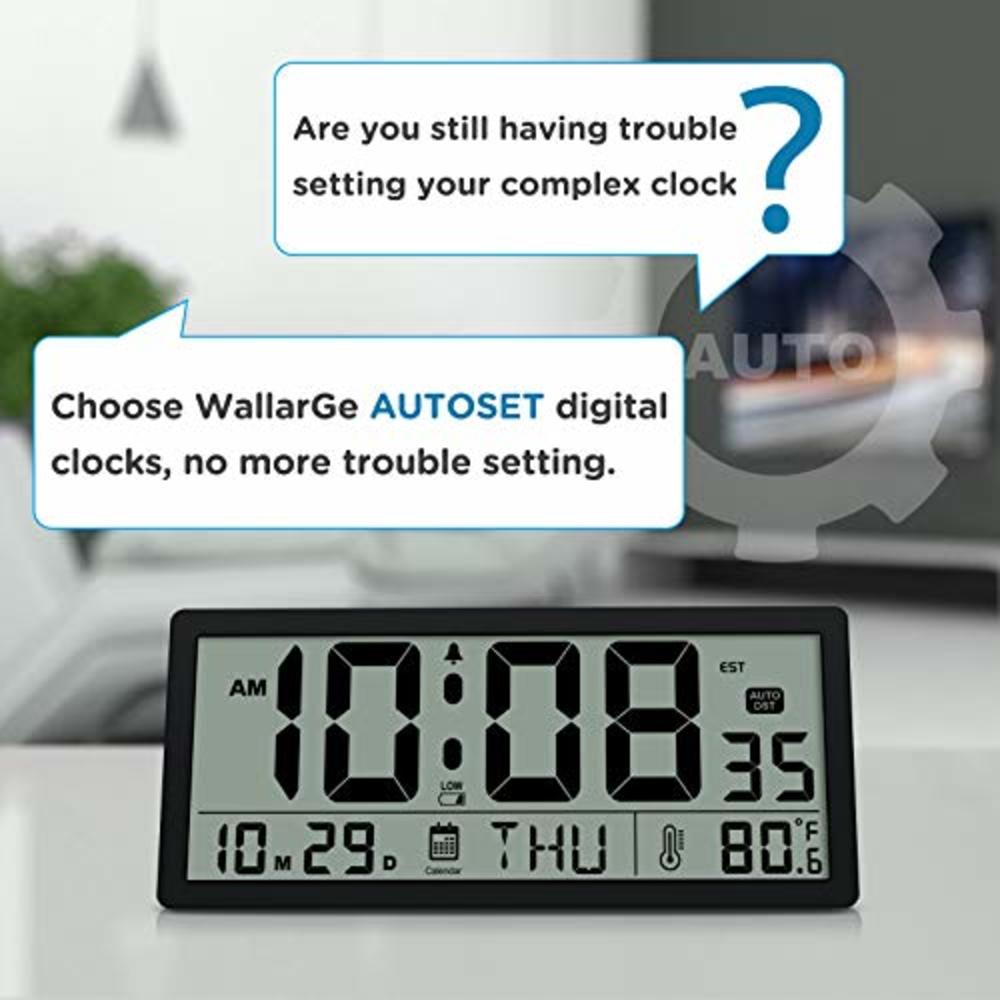 WallarGe Auto Set Large Digital Wall Clock - 14 Inches Oversize Battery Operated Desk Clock with Temperature, Date and Second La