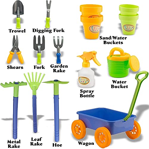 Liberty Imports Garden Wagon & Tools Toy Set for Kids with 8 Gardening Tools, 4 Pots, Water Pail and Spray - Great for Beach & S