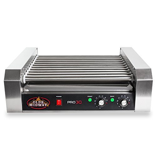 Olde Midway PRO30 Electric Grill Cooker Machine, 30 Hot Dog 11 Roller with Cover, Commercial Grade, Stainless Steel