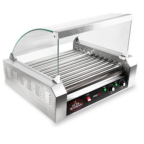 Olde Midway PRO30 Electric Grill Cooker Machine, 30 Hot Dog 11 Roller with Cover, Commercial Grade, Stainless Steel