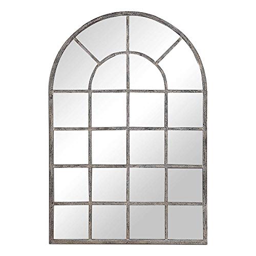 Spinner Home Sierra Rustic Gray Windowpane Mirror | Metal Framed Arched Wall Mirror in Antique Rustic Gray Finish (30? W x 44? H