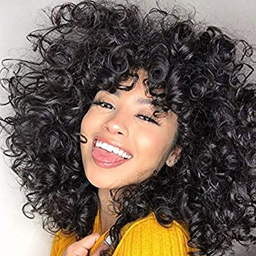 Short Curly Wigs for Black Women Andromeda Soft Curly Wig with Bangs Fluffy  Curls Synthetic Hair Wigs Natural Black Loose Curly