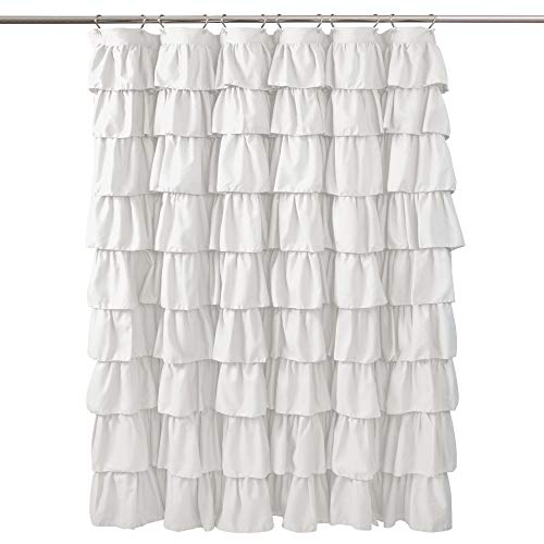 Lush Decor, White Ruffle Shower Curtain | Floral Textured Shabby Chic Farmhouse Style Design, x 72
