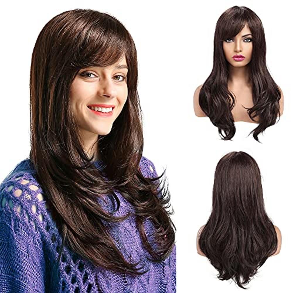 BLONDE UNICORN Natural Long Human Hair Wig for Women Wavy Hair Wig with  Bangs Dark Brown Hair Wigs