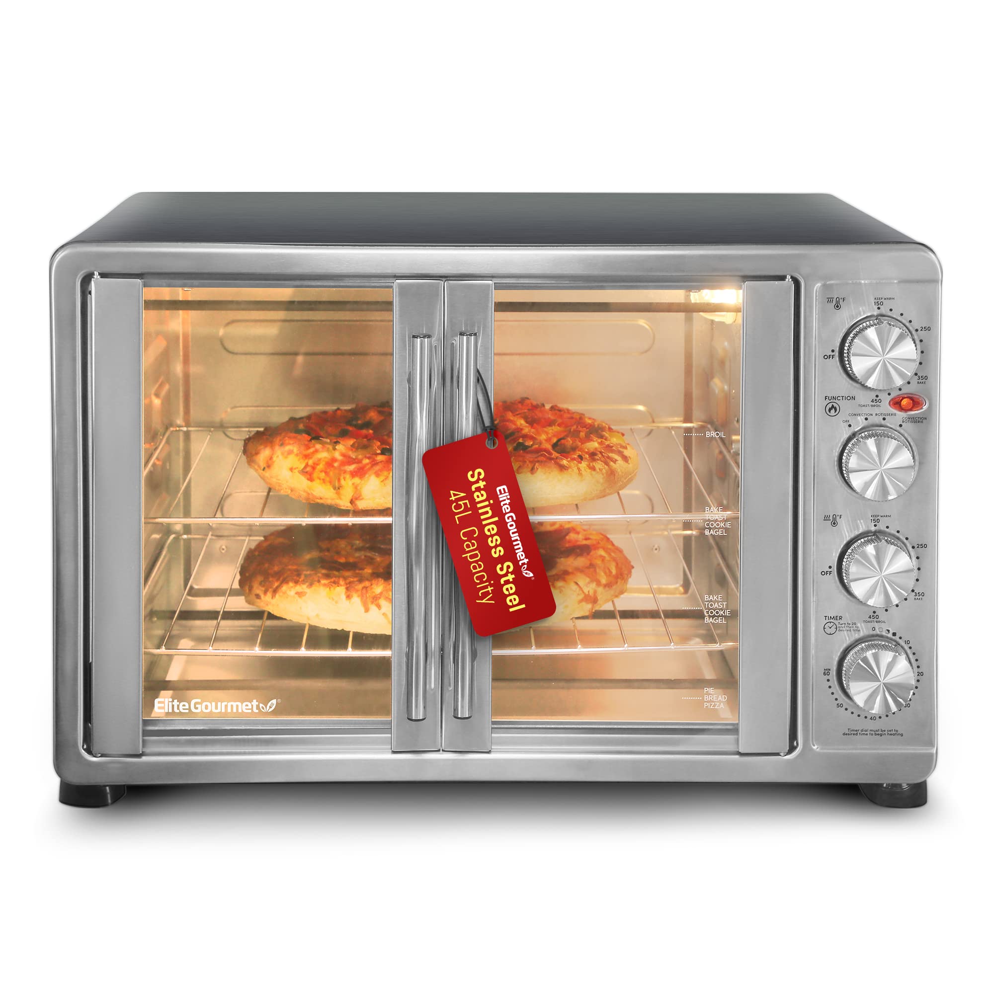 Elite gourmet ETO4510B# French Door 475Qt, 18-Slice convection Oven 4-control Knobs, Bake Broil Toast Rotisserie Keep Warm, Incl